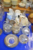Tray containing a quantity of ceramic jugs and glass wares, two glass bowls and covers,