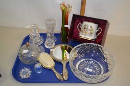 Tray containing a quantity of mainly glass wares, jars and covers, two glass candlesticks etc