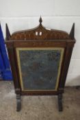 Anglo Indian fire screen featuring inlaid brass decoration and embroidered central screen, approx