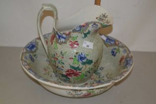 Copeland Spode large bowl and jug with floral design on green ground