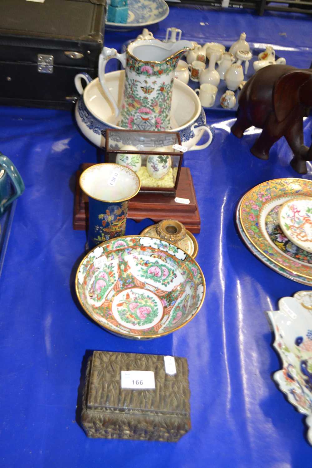 Group of mainly ceramic items including a Carlton ware vase, the blue ground with Chinoiserie type