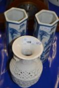 Vase with pierced decoration and two hexagonal Chinese vases with blue and white decoration
