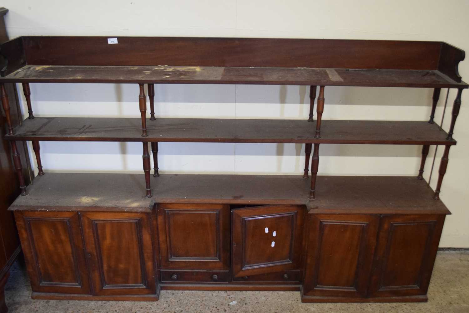 Mahogany finish over desk or over mantel storage and shelf unit, width approx 180cm