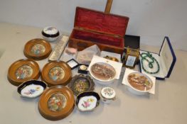 Mixed Lot: Two Coalport pot lids and dishes, quantity of costume jewellery, oval framed