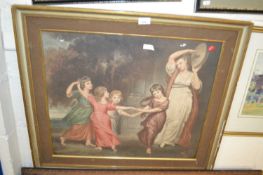 Lady with children dancing, reproduction print, framed and glazed