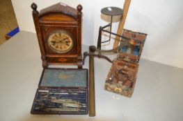 Wooden mantel clock, 1920's brush set and box set of technical drawing instruments