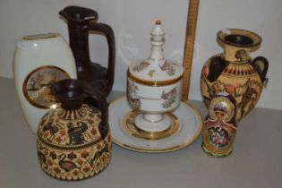 Greek porcelain jar and cover and matching plate together with other classical Greek style pottery