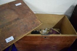 Wooden box quantity of assorted postcards, books and other items