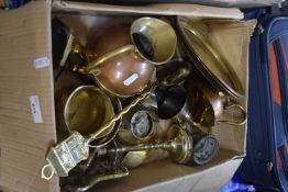 Quantity of assorted metal wares to include fire irons, candlesticks, jugs etc