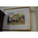 Watercolour of a barn by M Sheldon dated 00, framed and glazed