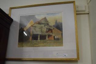 Watercolour of a barn by M Sheldon dated 00, framed and glazed