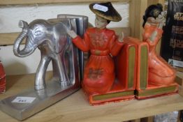 Pair of elephant book ends and a pair of East Asian lady bookends