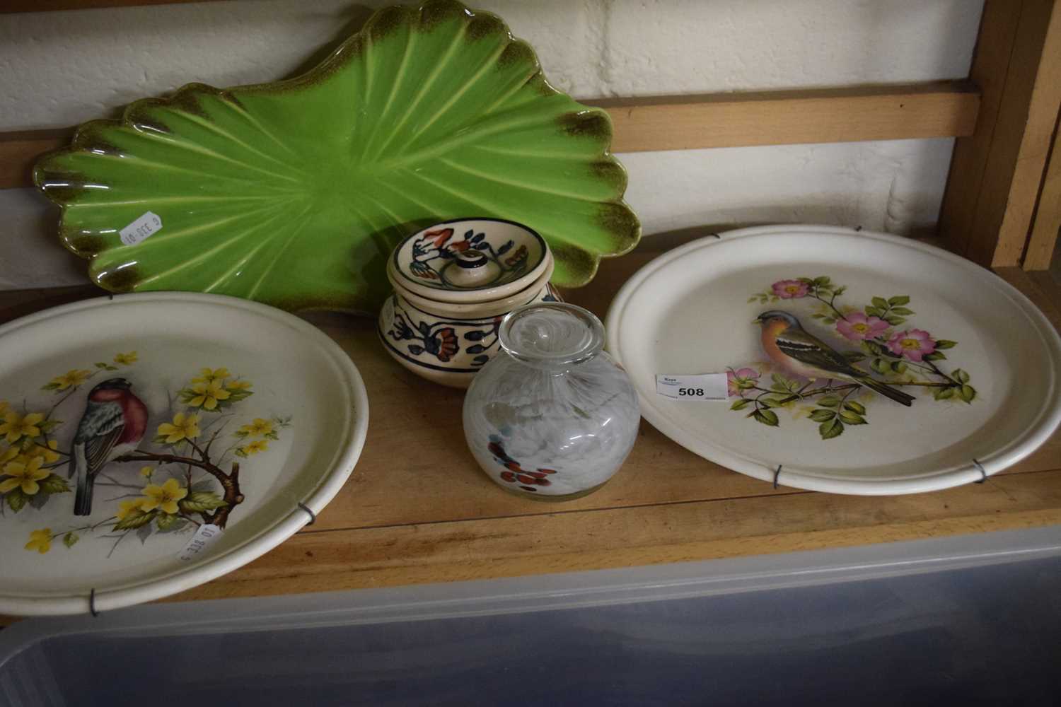 Pair of collectors plates decorated with birds, a Murano glass style vase and other items