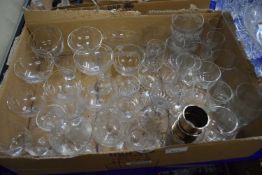 Quantity of assorted glass ware to include champagne saucers together with four EPNS napkin rings