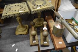 Mixed Lot: Assorted metal wares to include pair of brass stands, pair of fire irons and other items