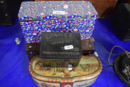 Small Mahogany work box and three collectors tins containing a quantity of vintage sewing materials,