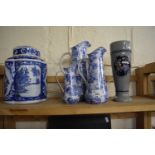 Chinese blue and white ginger jar and cover together with three graduated blue and white vases and a