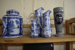 Chinese blue and white ginger jar and cover together with three graduated blue and white vases and a