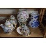 Portmeirion vase together with Japanese tea wares and a blue and white jug