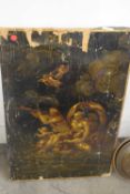 Gilt painting on panel of classical figures and cherubs in flight