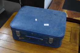 Blue suitcase and a small quantity of assorted linens