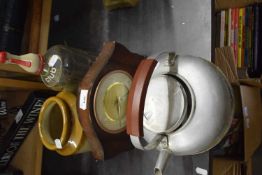 Stone ware jar, soda syphon, mantel clock and kettle (4)