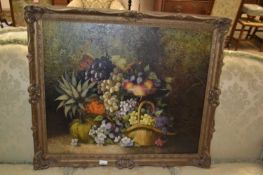 20th century School, Still Life study of fruit and flowers, oil on board, gilt framed, 87cm wide