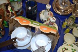 Mixed Lot: two Humphrey Taylor pottery decanters, French retro cups and saucers and a blue glass
