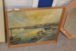 Oil on board, busy harbour scene with boats, signed M J Whaley,