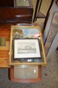 Mixed Lot: a mid-century wall mirror, tapestry picture of a rural scene, and an etching of Norwich