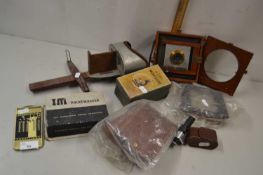 Mixed Lot: vintage stereoscope card viewer, parts of a vintage bellows camera, an Admaster manual