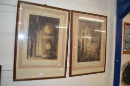 Pair of framed prints depicting Cathedral interiors including Durham
