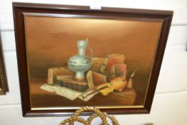 Contemporary study of books and objects, signed Frank Lean, oil on canvas
