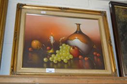 Contemporary oil on board, Still Life of fruit and objects