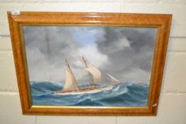 20th century School, study of a yacht on rough seas, indistinctly signed, set in a maple veneered