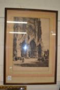 Framed print after the etching, Rheims Cathedral, width approx 58cm inc