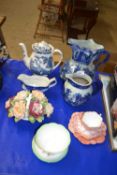 Mixed Lot: reproduction blue and white jugs, a Wileman trio, porcelain flowers etc