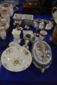 Mixed Lot: silver plated wares, pair of floor jardinieres, assorted ceramics, covered vegetable dish
