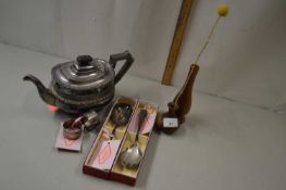 Mixed Lot - silver plated tea pot, salad servers, napkin rings and turned wooden vases