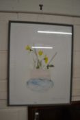 Contemporary print, vase of narcissus, indistinctly signed