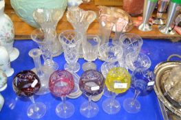 Mixed Lot of various glass wares to include coloured Hock glasses, various vases, champagne bowls