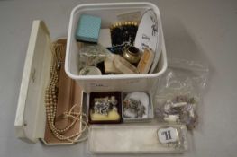 Box of various mixed costume jewellery, pearl necklace, cuff links etc