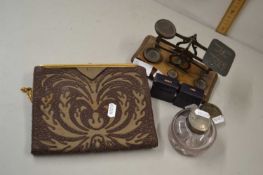 Vintage postal scales with weights together with vintage ink wells and a small clutch bag
