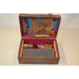Small inlaid box containing dominoes, tobacco pipes etc