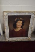 20th century School, head and shoulders portrait of a lady, oil on canvas, indistinctly signed