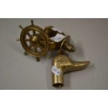 Ship's wheel style nutcracker, together with a brass walking stick mount in the form of a duck's