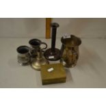 Mixed Lot: silver plated tankard, candlesticks, small pewter measures etc