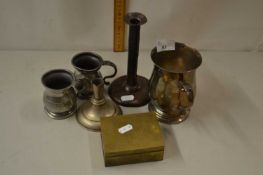 Mixed Lot: silver plated tankard, candlesticks, small pewter measures etc