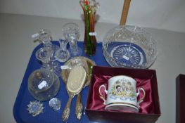Tray of dressing table glass candlesticks, vases etc