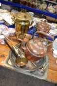 Mixed Lot: metal wares to include brass and copper samovars, copper kettle, copper scoop, serving